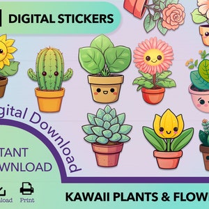 Kawaii plant and flower sticker bundle sheet with potted succulents and blooms