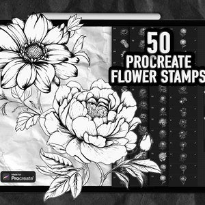 Floral Procreate stamp set with black-and-white line art flowers and petals