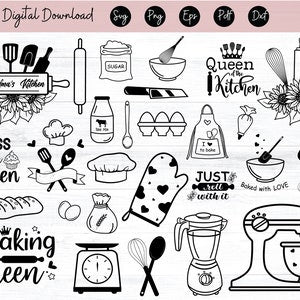 Baking icons SVG set with whisk, oven, cake, cupcake, and pastry tool silhouettes