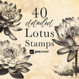 Lotus Flower Procreate Stamp Brushes | Water Lily Blossom Stamps | July Birth Flower Art Brushes | Tattoo Stamps | Botanical Stamps |