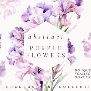 Watercolor purple floral bouquet with abstract iris and lavender blossoms