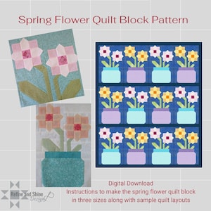 Spring flower quilt block pattern PDF with repeating blue vase floral blocks