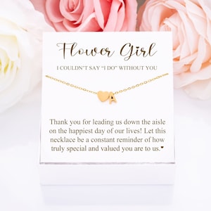 Flower girl necklace card with gold-tone heart pendant, “Flower Girl” title
