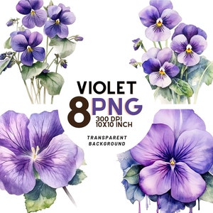 Watercolor violet flowers PNG set with assorted blossoms and leaves, digital botanical art