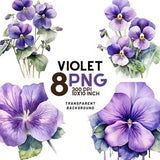 Watercolor Violets flowers set: 8 High-Quality 300 DPI PNGs, Botanical Print, Printable with Commercial Use - Digital Download
