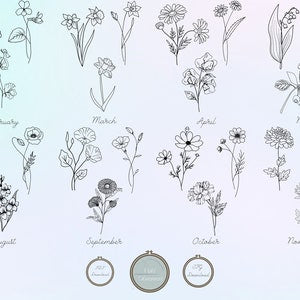 Embroidery pattern PDF sheet with birth month flowers, hand-drawn outlines and month labels