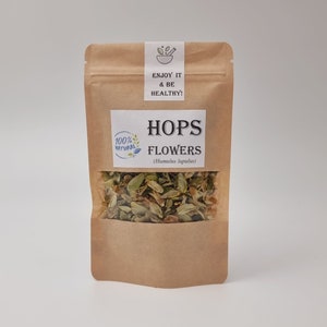 Dried hops flowers herb tea pouch, brown paper bag filled with loose dried blossoms