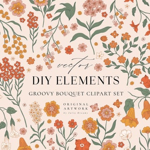 Groovy Bouquet Flowers Clipart Boho - Botanical Flower Clip Art - Vector SVG Illustration - Individual PNG - Logo Wildflowers 70s Flowers