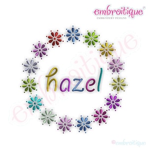 Rainbow flower circular embroidery frame design with script name 'Hazel'