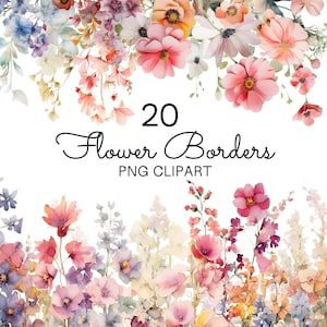 Watercolor floral border clipart with pink and peach wildflowers, PNG pack