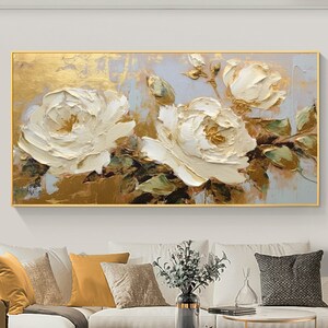 Large floral oil painting on canvas with textured white roses and gold-toned accents, framed