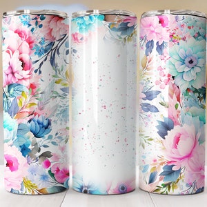 Pink and blue floral skinny 20oz sublimation tumbler, blank front, matching set of 3