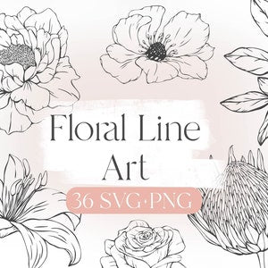 Botanical floral line art SVG set with flower outlines, 36 SVG PNG files