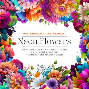 Neon watercolor flowers clipart wreath with colorful blooms, PNG elements