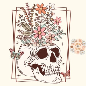 Floral skull sublimation design with flowers and butterfly, boho retro line art