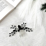 Black rhinestone flower hair comb with slim comb base and black crystal branch