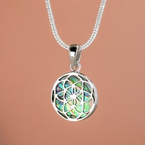925 Sterling Silver Abalone Shell Flower Of Life Pendant - Necklace Flower Of Life