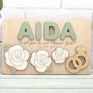 Personalized wooden puzzle plaque with name AIDA, rose icons, flower girl text