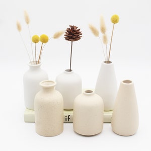 Set of small white ceramic bud vases with rounded bottle and narrow neck shapes