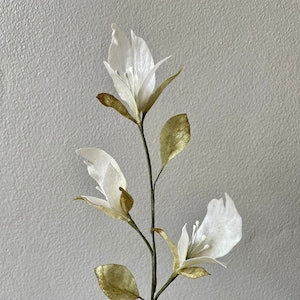 Wafer paper flower branch with white blooms and gold leaves