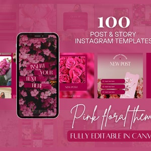 Pink floral Instagram post and story template set with phone preview and editable cards