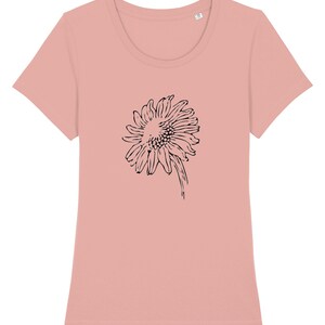 Women's pink organic T-shirt with crew neck and black sunflower graphic