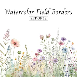 Watercolor wildflower field border set with tall meadow flowers, soft pastel hues