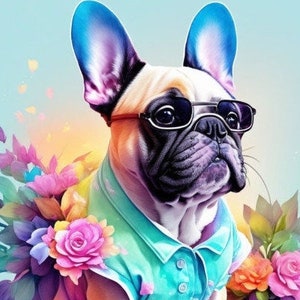 Pastel French bulldog portrait print with blue ears and pastel shirt, floral accents