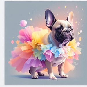 French bulldog wearing a watercolor pastel ballerina tutu with tiered ruffle skirt