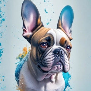 French bulldog decorative artwork with pastel splatter, blue and beige dog face