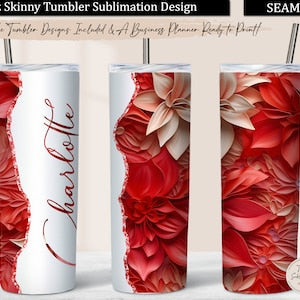 Red floral tumbler wrap design with 3D red flowers on ivory background