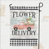 Garden flag with red truck and "FLOWER DELIVERY" text; "FRESH CUT DAILY"