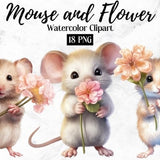 Mouse and Flower Clipart, 18 High Quality PNGs, Digital Download - Card Making, Mixed Media, Digital Paper Craft, Cute Floral Mouse Clipart