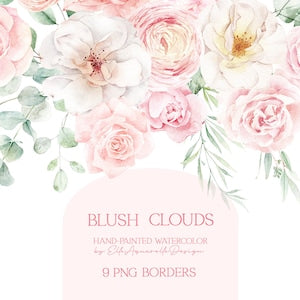 Watercolor floral border with blush pink roses, soft pink and green leaves, for printables