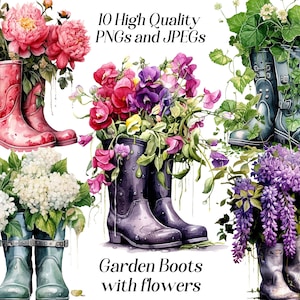 Watercolor floral garden boots clipart with purple and pink flowers