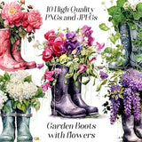 Watercolor garden boots clipart, 10 high quality JPEG and PNG files, Rubber boots with flowers, floral clip art, printables