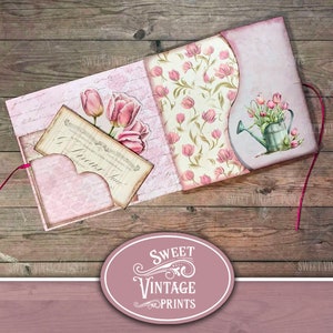 Pink floral folio junk journal kit with envelopes, tags, and decorative paper