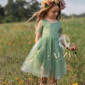Girls green tulle dress with floral embroidered bodice and layered tulle skirt
