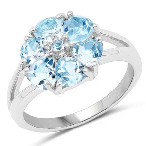 Sterling silver ring with oval sky-blue gemstone cluster on three-stone setting