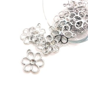 4, 20 or 50 BULK Simple Silver Flower Charms with rhinestone, Antique Silver Flower, Floral, 16x22mm | Ships Immediately from USA | AS962
