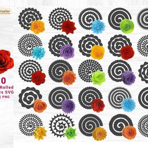 Rolled flower SVG bundle with multicolor paper flower designs and swirls