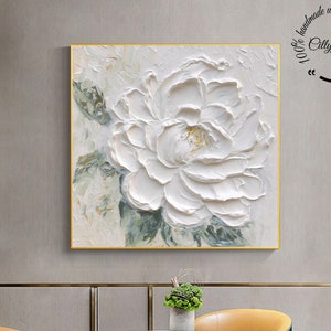 Framed 3D white flower relief abstract wall painting with raised petals texture