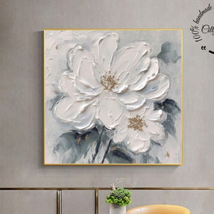 Framed canvas 3D white flower painting with raised textured petals and central blooms