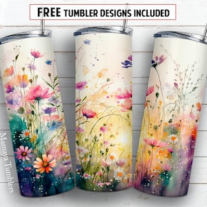 20 oz skinny tumbler wrap design with watercolor field flowers on straight wrap