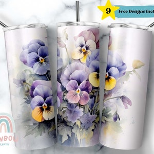 Pansy flower sublimation 20oz tumbler wrap with purple and yellow blooms