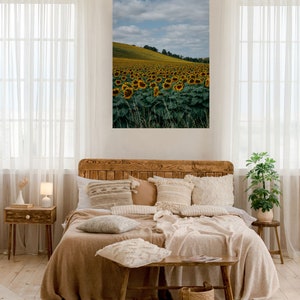 Framed sunflower field art print with yellow blossoms and green landscape under blue sky