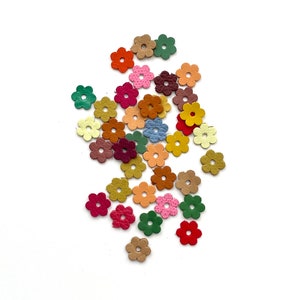 Small soft leather flower embellishments, multicolor red green pink yellow brown, 15 mm (10 pcs)