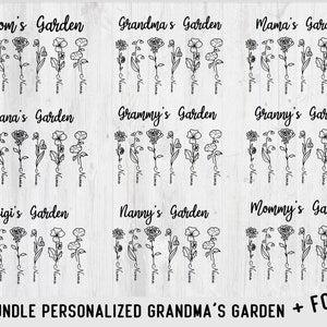 Personalized Grandma's Garden flower SVG bundle with outline florals and cursive text