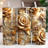 3D Pearl Gold Roses Flowers Botanical 20 oz Skinny Tumbler Sublimation Design, Straight And Tapered Tumbler Wrap, Instant Digital Download
