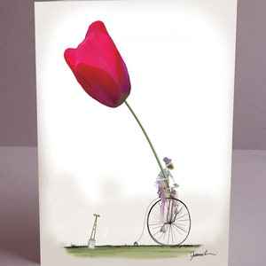 Botanical greeting card with pink tulip and small bicycle illustration